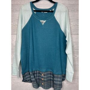 Soft surroundings teal blue plaid, thermal top size petite large